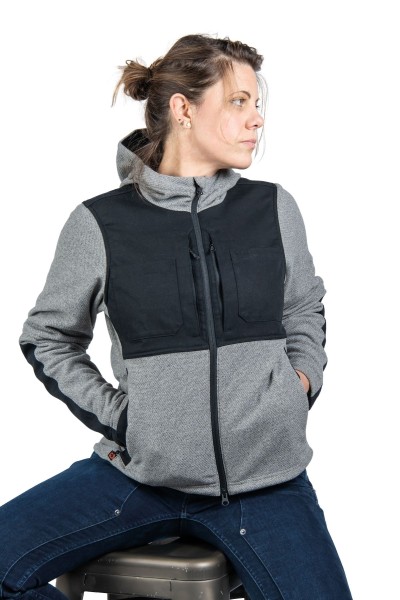 product photo: woman in grey/black Apelian Fleece by Dovetail