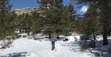 man snowshoeing with poles up ahead with rocks and blue sky in background