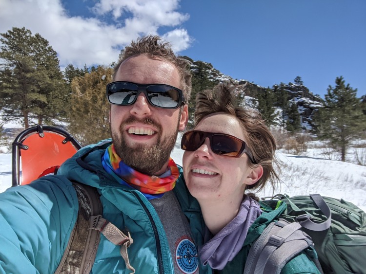 windy selfie on snowshoe outing