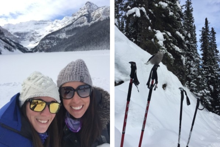 side by side L: two women posing for the camera in front of a snowy mountain R: poles lined up in the snow
