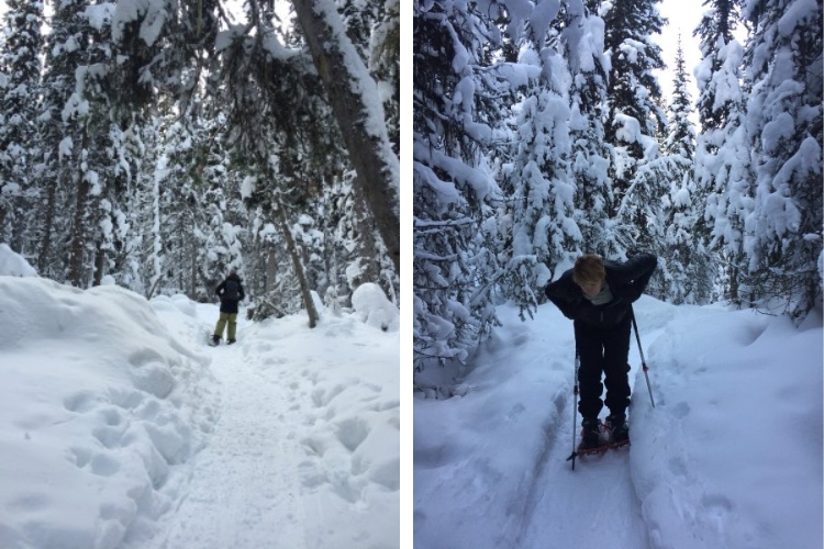 side by side L: person snowshoeing on a trail R: person hunching over due to altitude