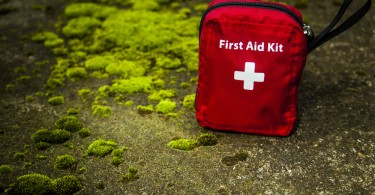 first aid kit sitting on ground next to lichen