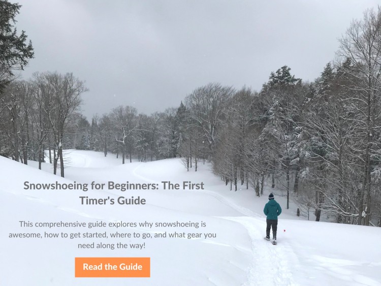 person snowshoeing hilly golf course with text written over snow