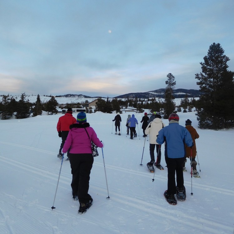 snowshoe tour in early evening at Frisco Adventure Park