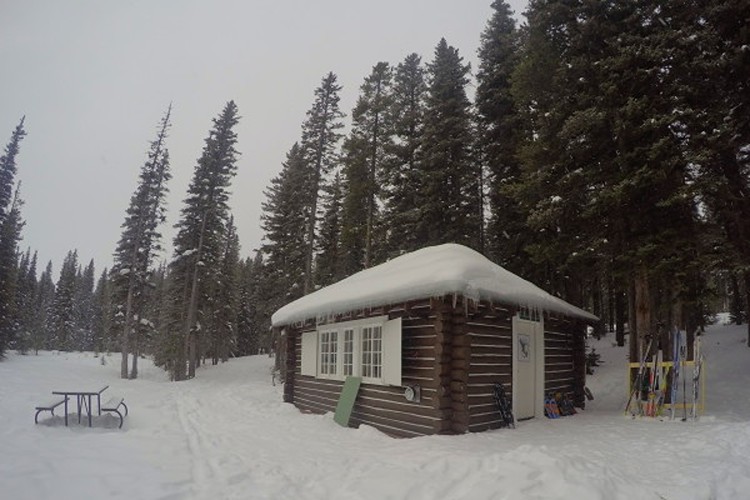 Cabin in snow with trees in background and table on left.