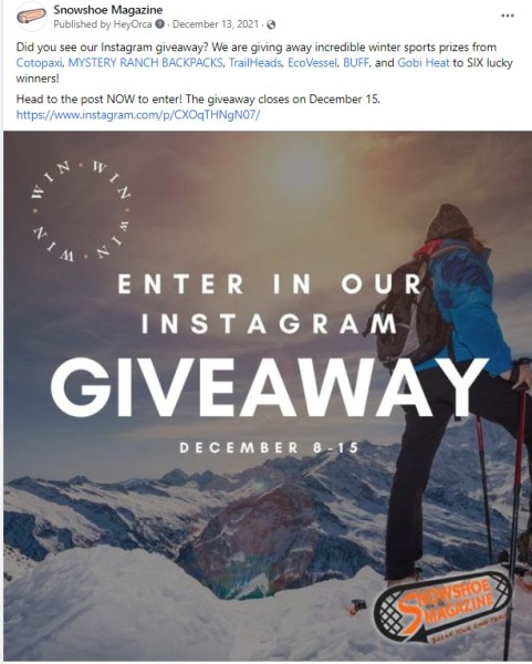 Snowshoe Magazine advertising: 2022 holiday giveaway promotion via Facebook