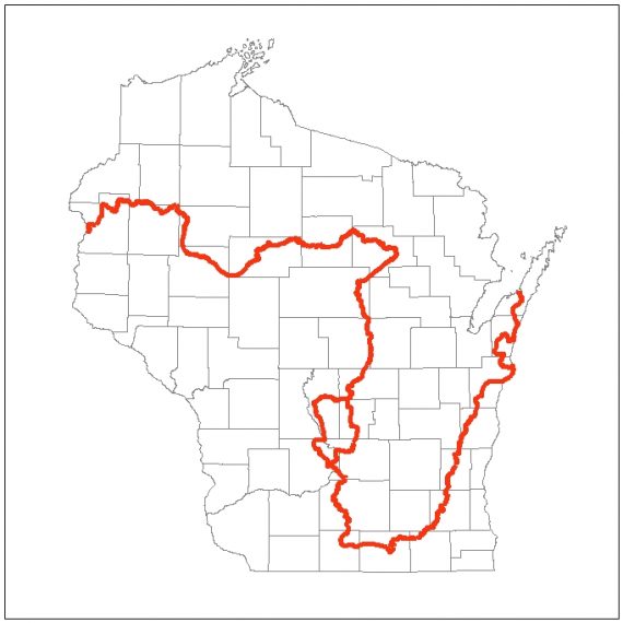 map of the Ice Age Trail across Wisconsin