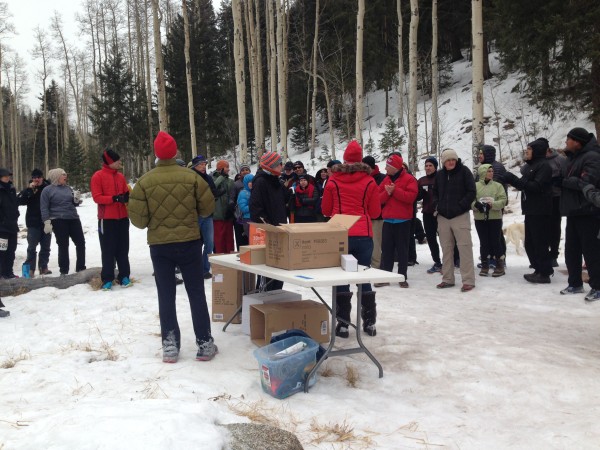 Participants and spectators gather for the awards presentation at the 2015 Santa Fe Snowshoe Classic.