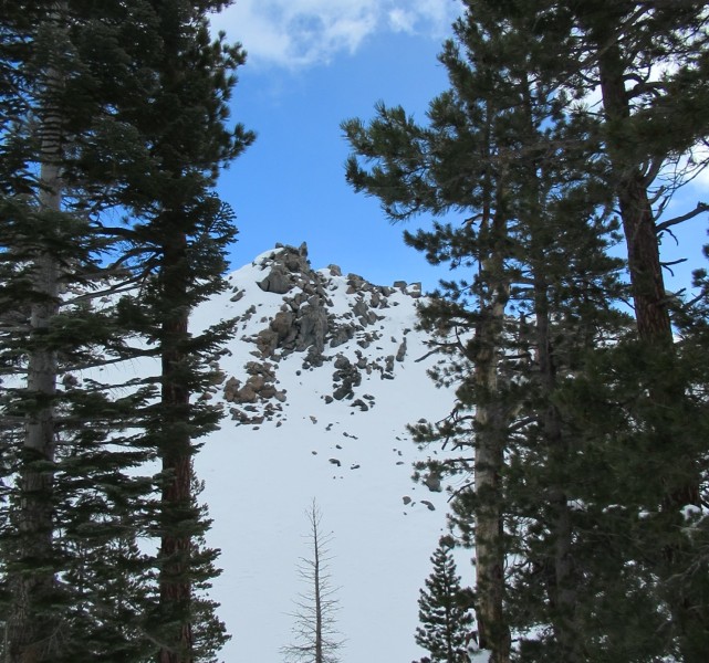 view of snow-covered Obsidian Dome between rows of trees