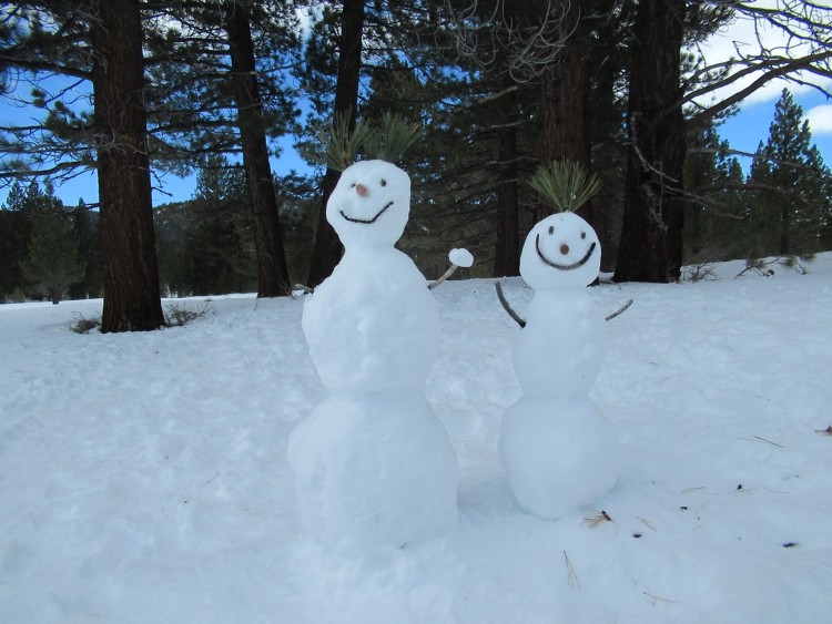 snowmen along the side of a trail