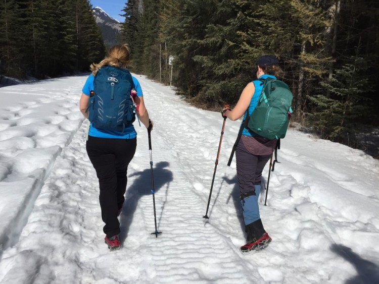 two winter hikers with crampons hiking to Wapta Falls, Canadian Rockies