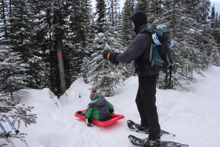 man holding child on sled while snowshoeing