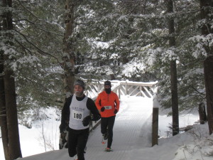 Jeremy Drowne (L) and Eric Sambolec are the first snowshoers to cross Barnum Brook