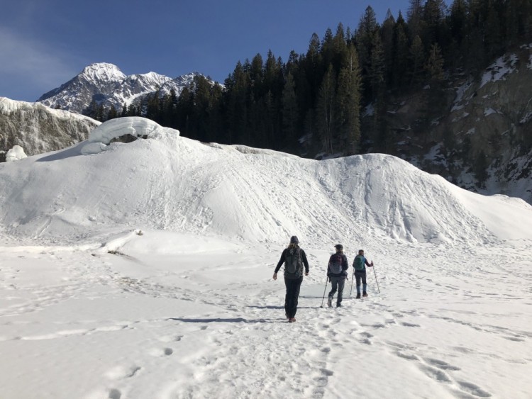 three people snowshoeing in distance to Wapta Falls, Canada