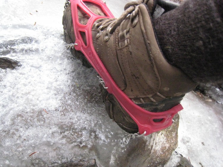 Kahtoola Microspikes: close up of traction device on icy rock