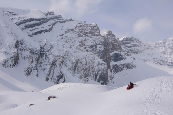 Sledding down Glacier Moraines at the Hilda Creek Hostel