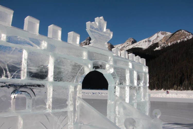 close up of ice castle on Lake Louise in AB