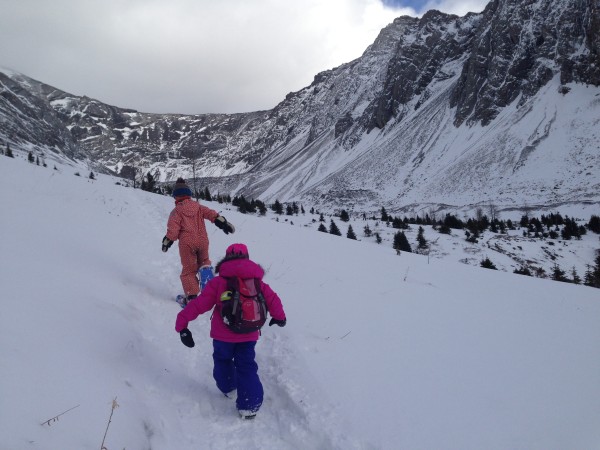 This trail didn't require snowshoes. Some kids chose to wear them and some didn't.