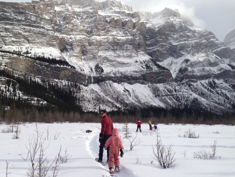families snowshoeing through snowy meadow with large mountain in background