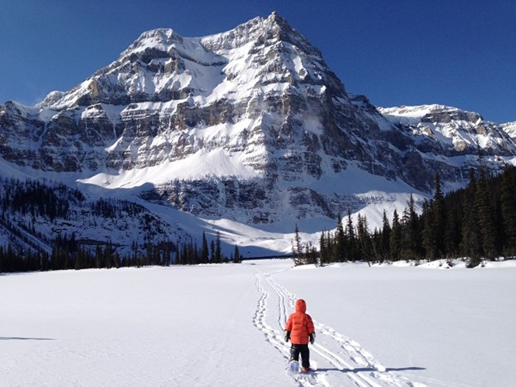 child walking in snow with mountain in background
