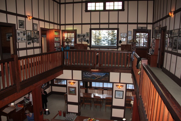 Looking down on the main floor of the Lake O'Hara Lodge from the bedrooms