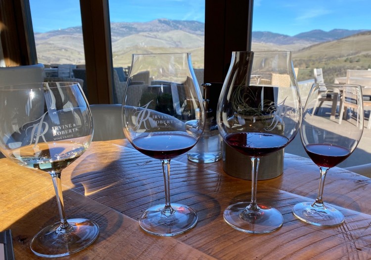 wine glasses in front of windows overlooking mountains