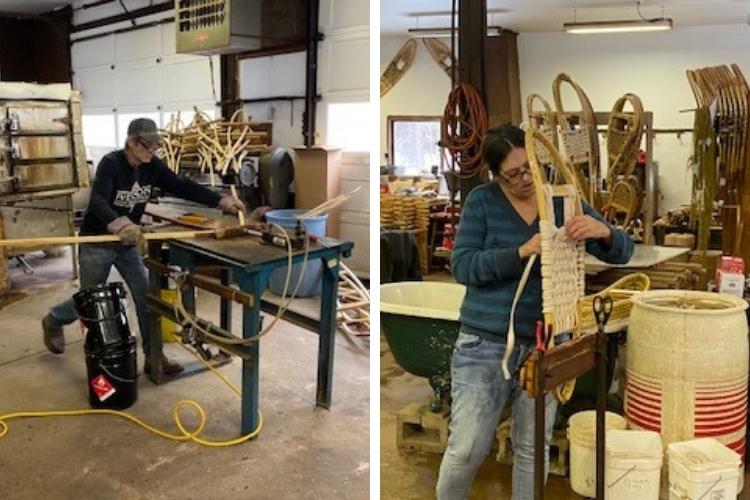 traditional snowshoe makers: side by side L: man working on wood bench crafting snowshoes in workshop R: woman working on a pair of snowshoes