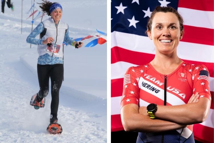 side by side: Jackie Hering snowshoe racing 2022 National Championships; posing in Team USA apparel