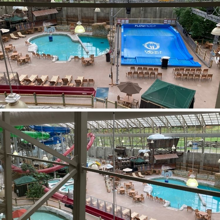 top: view of indoor water park pools, bottom: view of indoor water park slides - Jay Peak Resort