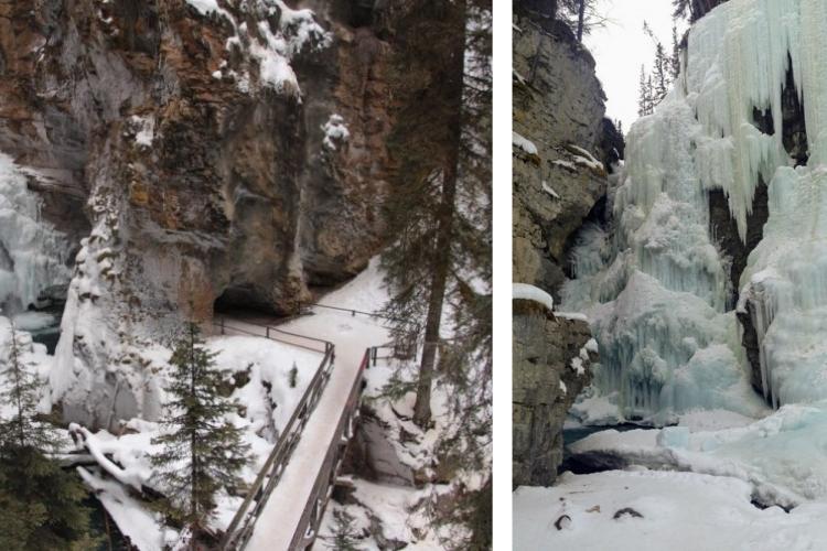 side by side: L overlook of snowy canyon trail R: iced canyon walls