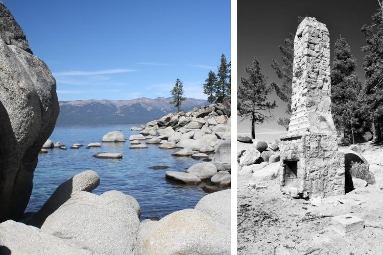 side by side L: water with rocks in foreground and mountains in background R: black and white large chimney with trees surrounding