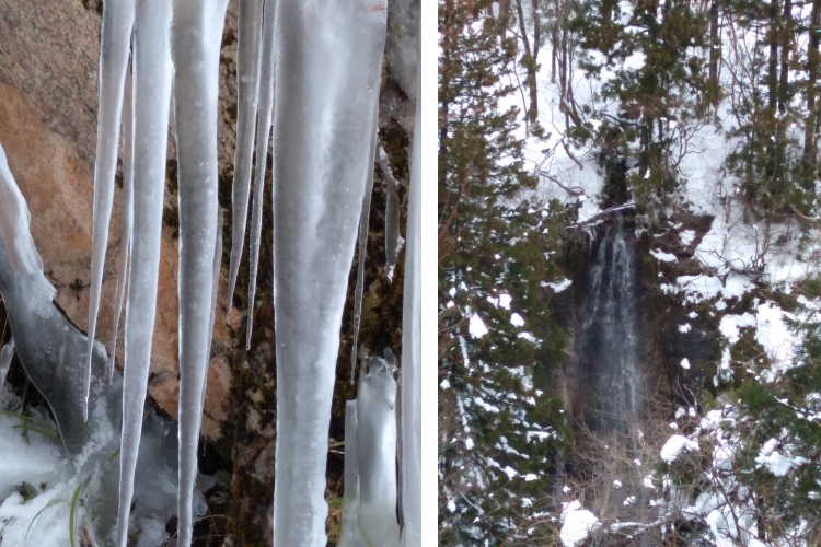 side by side L: close up of icicles along the trail R: cascading waterfall down a snowy cliff