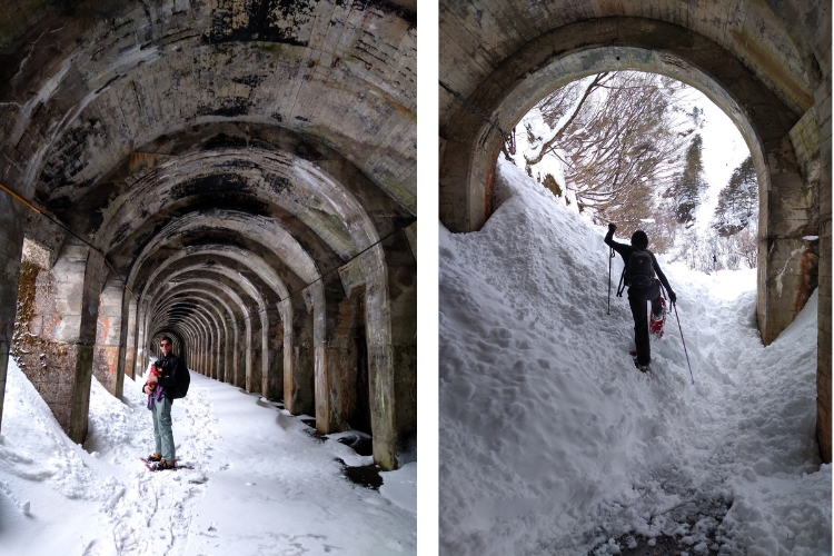 side by side L: man gazing at a view while in snowy tunnel R: person snowshoeing out of a tunnel
