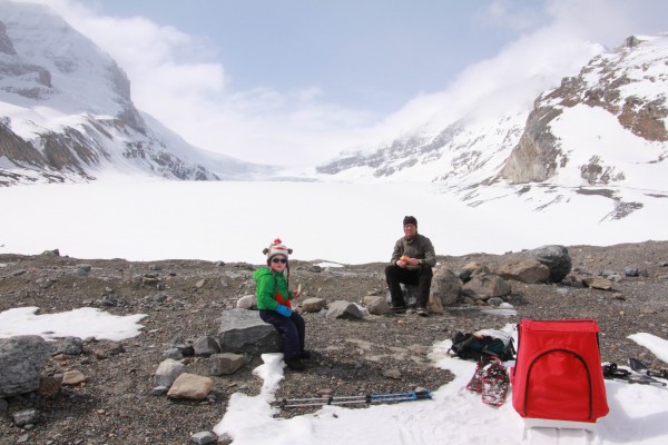 family having lunch near Athabasca Glacier
