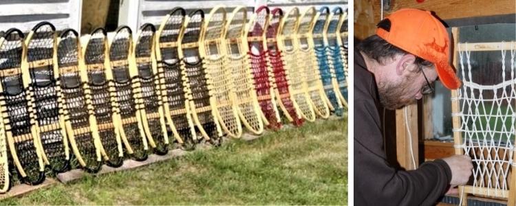 side by side: L wooden snowshoes lined up on grass, R man working on wooden snowshoe webbing