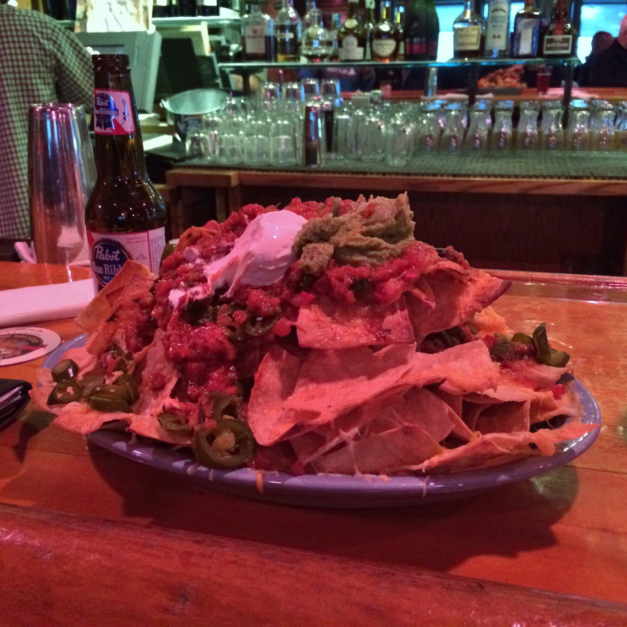 Bison chili nachos at the infamous Mangy Moose saloon. 