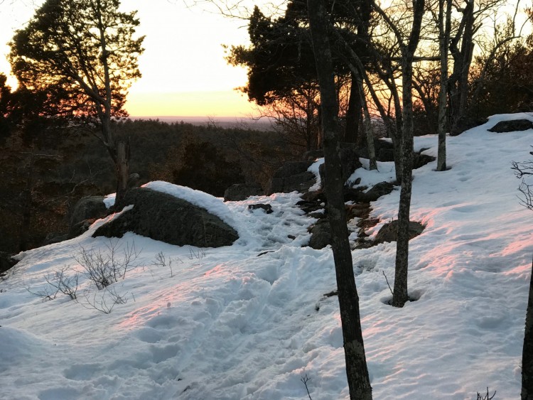 snowshoeing near Boston: sunset on Moose Hill