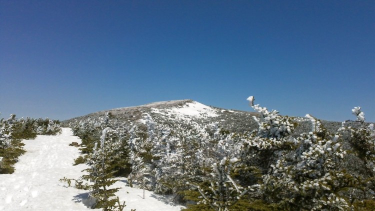 snowy summit of mountain with blue sky above