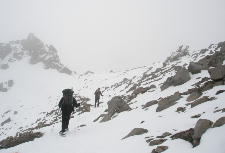 two people hiking a mountain with snow using snowshoes and poles