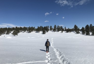 man snowshoeing in open area with snowshoe tracks and blue sky