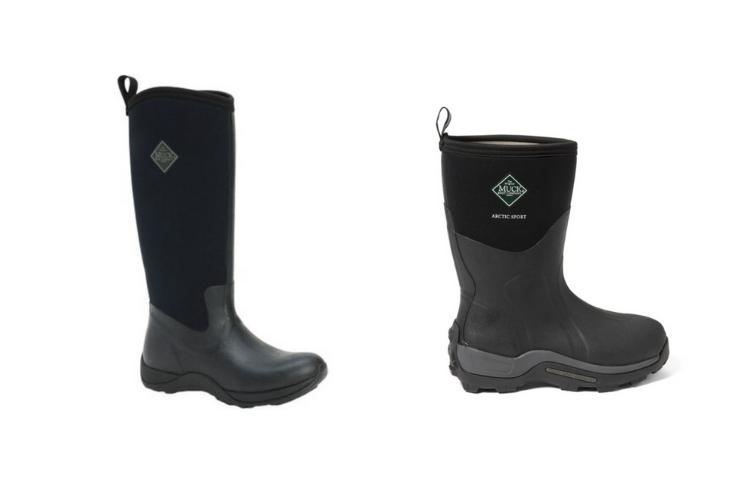 side by side product photos: Muck Boots (L) Women's Arctic Adventure and (R) Men's Arctic Sport
