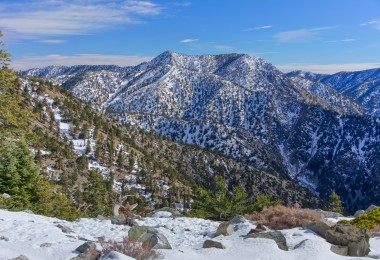mountain in background with snow in foreground at Mt Baldy California