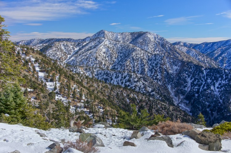 mountain in background with snow in foreground at Mt Baldy California