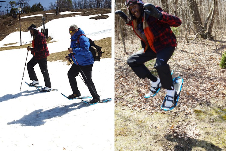 side by side: two men walking on snowshoes, man jumping in the air on snowshoes