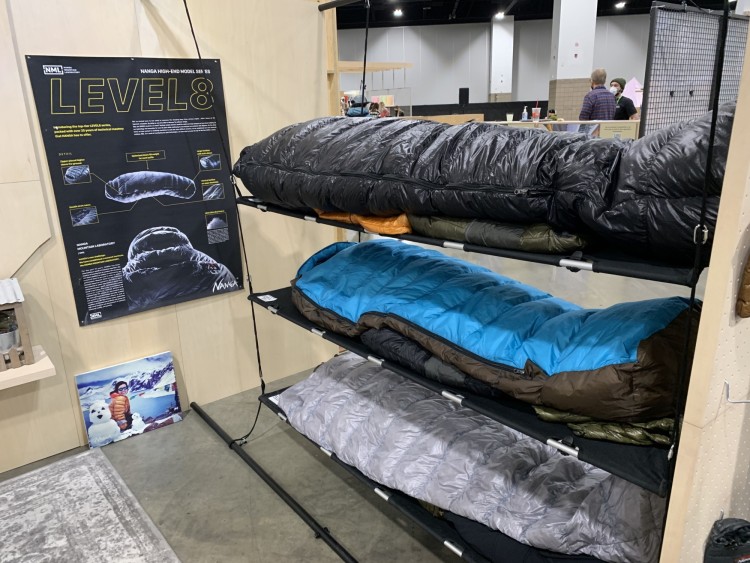new winter gear at OR: Nanga 8 sleeping bag on display at booth at Outdoor Retailer