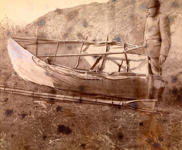 Nansen Greenland expedition: man with canvas boat used to row to Nuuk
