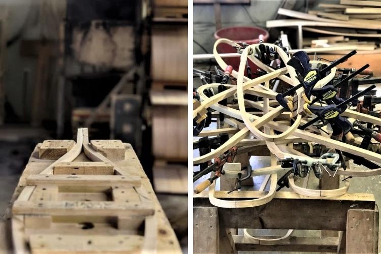 side by side L: snowshoe R: wood frames being processed mold in warwhouse