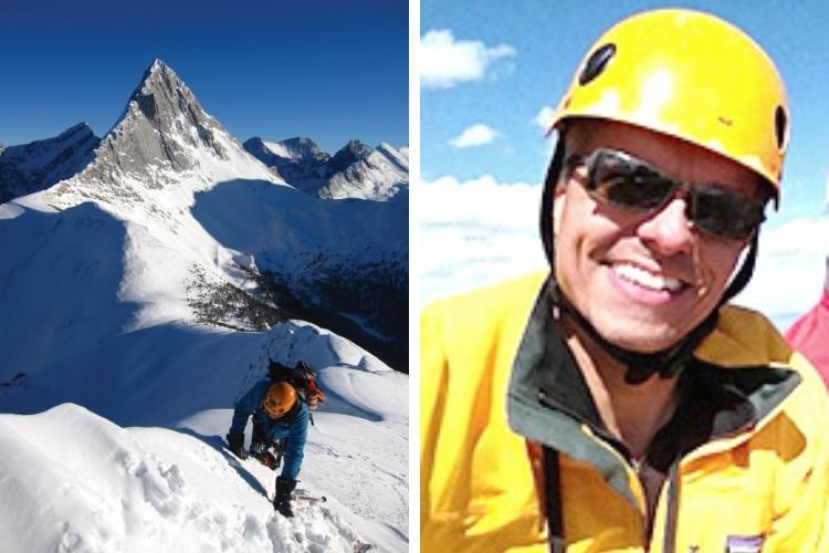 side by side: L: man summiting a snowy mountain with view looking down R: photo of Andrew Nugara in yellow jacket