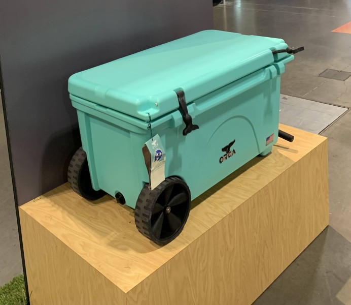 light green/blue Orca cooler on display at Outdoor Retailer summer 2022