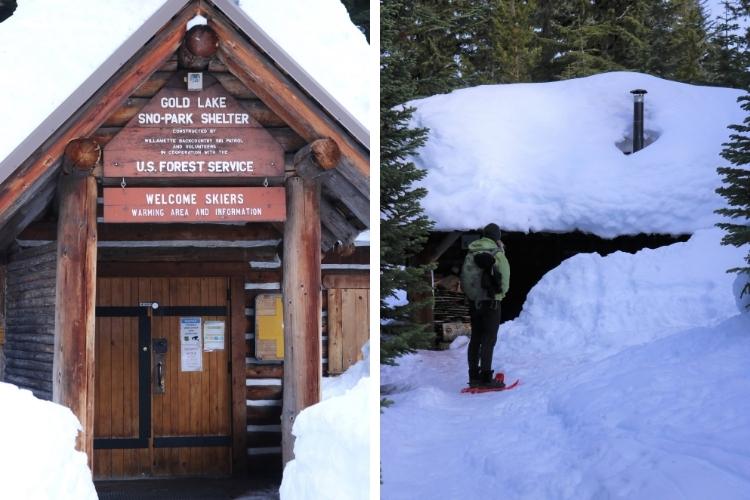 side by side: Gold Lake shelter with snow, Westview shelter with person on snowshoes outside